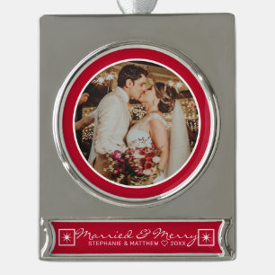 Verheiratet & Merry Wedding Foto Modernes Rotes Banner-Ornament Silber