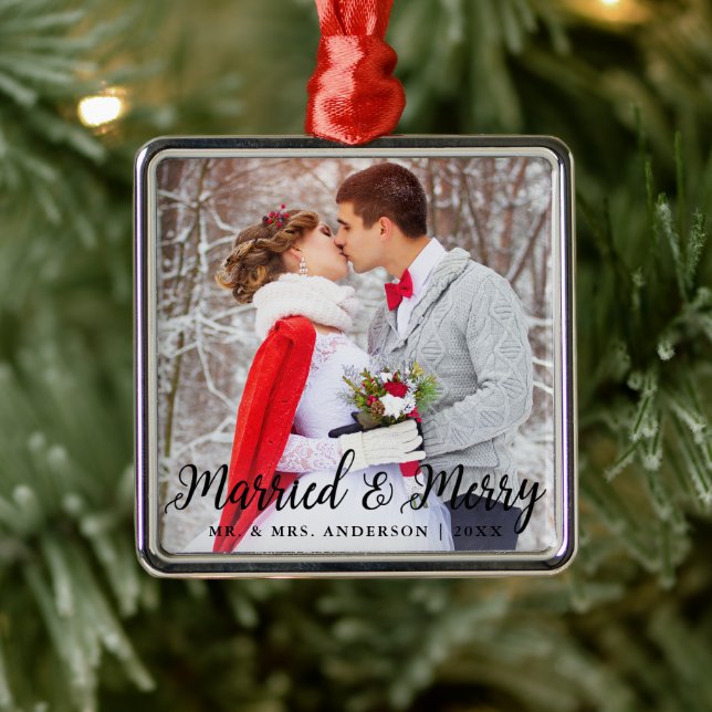 Verheiratet & Merry Wedding Foto Weihnachten B Ornament Aus Metall (Baum)