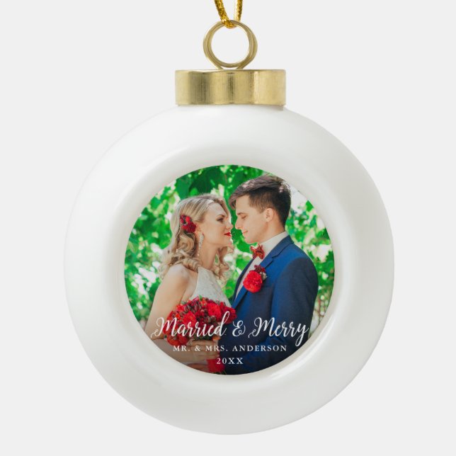 Verheiratet & Merry Wedding Foto Weihnachten W Keramik Kugel-Ornament (Vorderseite)