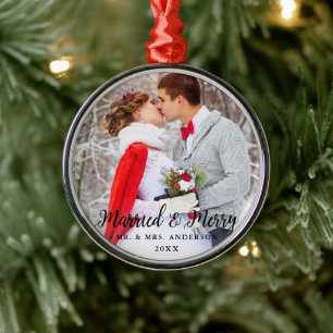 Verheiratet & Merry Wedding Foto Weihnachtsrunde B Ornament Aus Metall