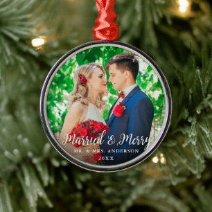 Verheiratet & Merry Wedding Foto Weihnachtsrunde W Ornament Aus Metall