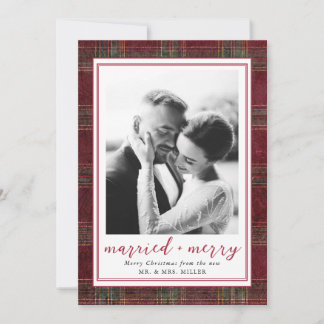 Verheiratet und fröhlich Burgunder Grün Tartan Kar Feiertagskarte
