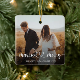 Verheiratet und fröhlich Elegantes Foto Weihnachte Keramikornament