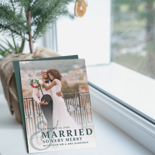 Verheiratet und sehr fröhlich Hochzeitsfoto Neuver Feiertagskarte