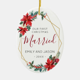 Verheiratete erste Chrismas rote Poinsettia Keramik Ornament