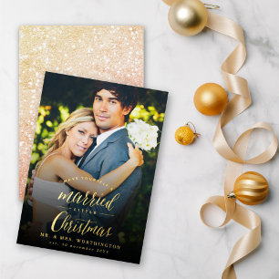 Verheiratete kleine Weihnachtsfeier Foto Hochzeit Folien Feiertagskarte