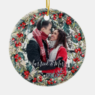 Verheiratete und fröhliche erste Weihnachtsbaumsc Keramik Ornament
