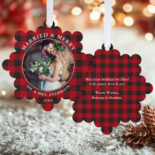 Verheiratete und fröhliche Hochzeit Foto Rot Karie Ornament Karte