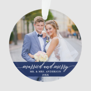 Verheiratete und Merry Wedding Calligraphy Blue Ornament