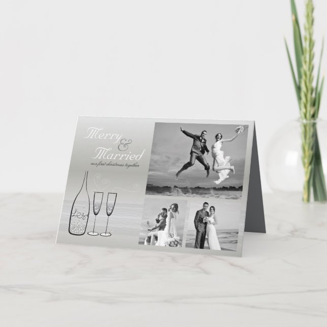 Verheirateter Silbersekt 3 Foto Hochzeit Feiertagskarte (Vorderseite)