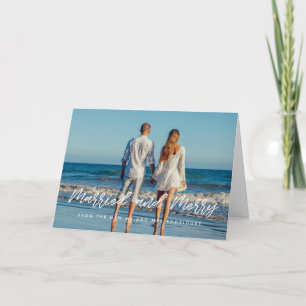 Verheirateter und fröhlicher, moderner weißer Schr Feiertagskarte