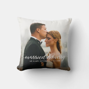Verheiratetes und fröhliches Hochzeitsfest Foto Kissen