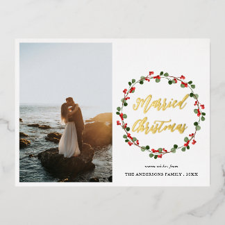 Verheiratetes Weihnachts-Berry-Wreath-Couple-Foto Folien Feiertagspostkarte