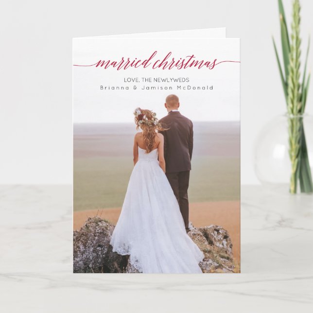 Verheiratetes Weihnachts-Neuvermähltes Foto eingek Feiertagskarte (Vorderseite)