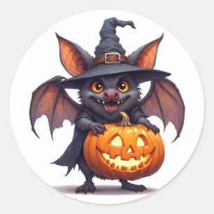 Verhexte Fledermaus mit Kürbislaterne 🎃 Runder Aufkleber