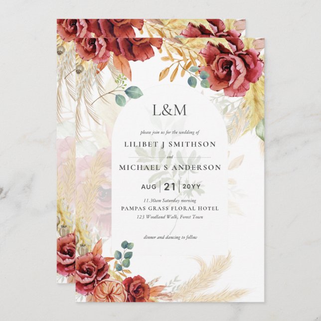 VERKAUF! Boho Burgundy Gold Floral Country Stallfa Einladung (Vorne/Hinten)