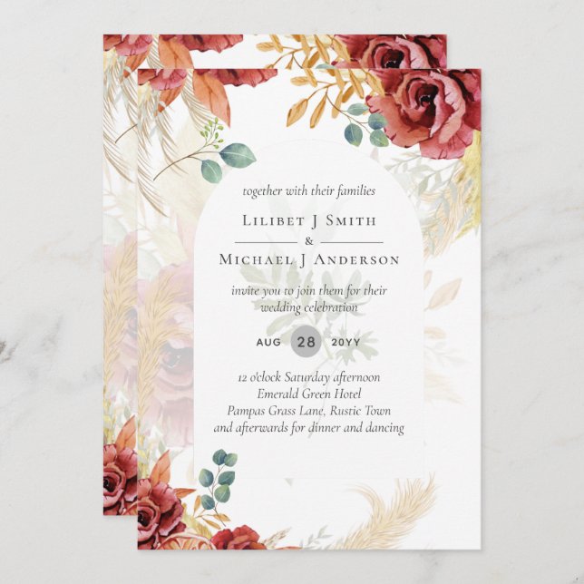 VERKAUF! Boho Burgundy Gold Floral Country Stallfa Einladung (Vorne/Hinten)