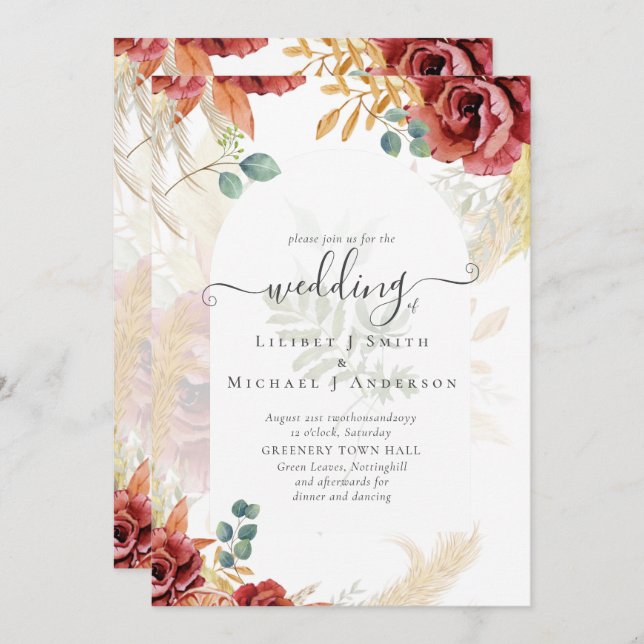 VERKAUF! Boho Burgundy Gold Floral Country Stallfa Einladung (Vorne/Hinten)