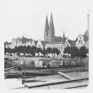 Verkauf des Holzes auf dem Fluss Trave, Lübeck, Quadratischer Aufkleber