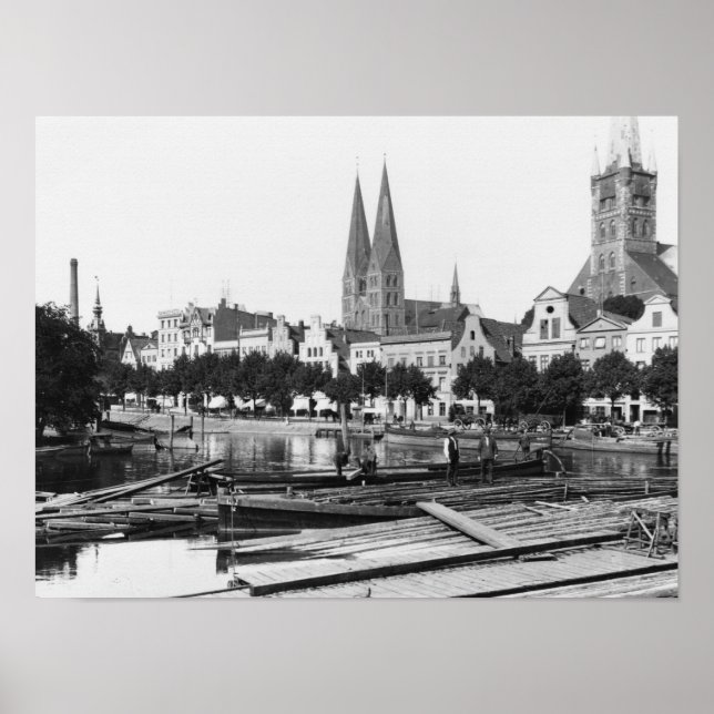 Verkauf von Holz an der Trave, Lubeck, c.1910 Poster (Vorne)