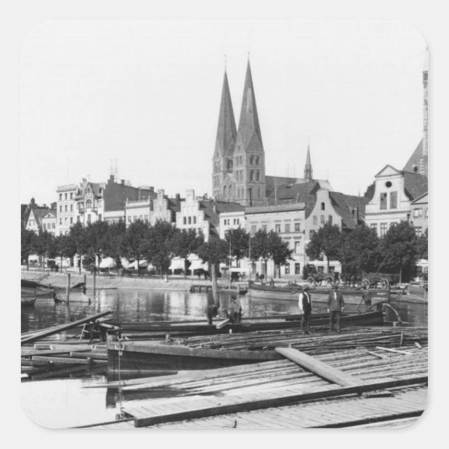 Verkauf von Holz an der Trave, Lubeck, c.1910 Quadratischer Aufkleber (Vorderseite)