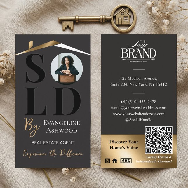 Verkauft Luxusimmobilien Immobilienmakler Black Go Visitenkarte (Sold Luxury Home Real Estate Agent Black Gold QR Business Card)