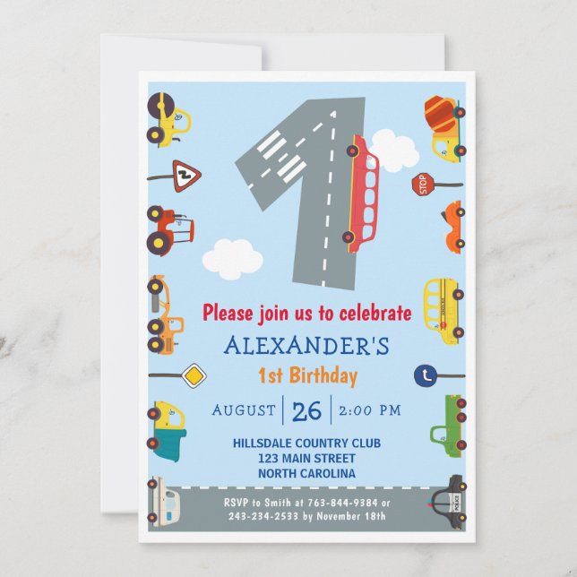 Verkehr 1. Geburtstag Autos Party Einladung (Vorderseite)