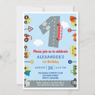 Verkehr 1. Geburtstag Autos Party Einladung
