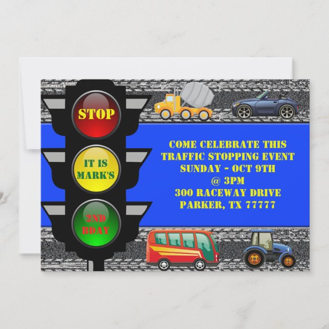 Verkehrs-Rennwagen-Kipper-Bus-Traktor laden ein Einladung (Vorderseite)