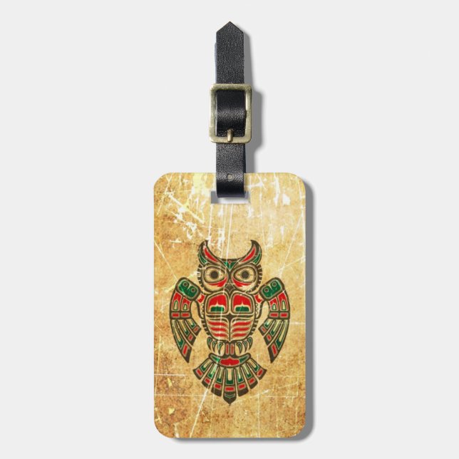 Verkratzte und getragene Haida-Geist-Eule Gepäckanhänger (Vorderseite vertikal)
