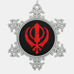 Verkratztes rotes SikhKhanda Symbol auf Schwarzem Schneeflocken Zinn-Ornament
