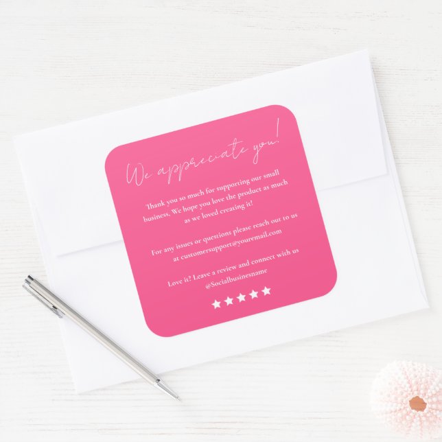 Verlass uns ein Review-Skript Vielen Dank Hot Pink Quadratischer Aufkleber (Umschlag)