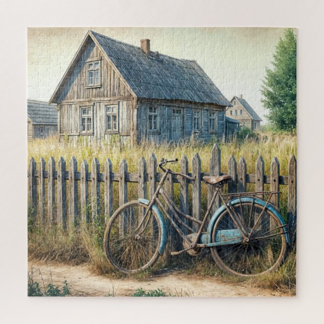 Verlassene alte Fahrrad an rustikaler Zaun Puzzle (Vertikal)