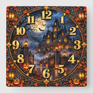 Verlassener gotischer Herrensitz in der Halloween- Quadratische Wanduhr