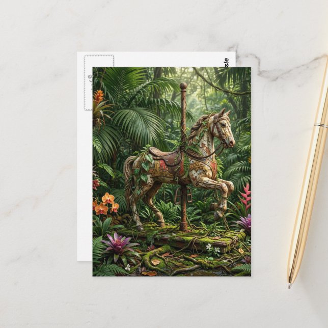 Verlassenes Karussellpferd im Dschungel Postkarte (Vorderseite/Rückseite Beispiel)