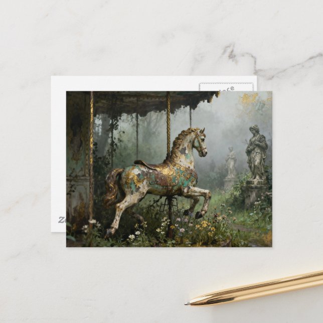 Verlassenes Karussellpferd im Garten Postkarte (Vorderseite/Rückseite Beispiel)
