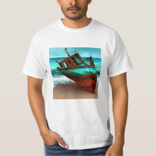 Verlassenes Schiff an einem Sandstrand T-Shirt