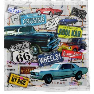 Verlegen Sie 66, Vintage Autos, Straßen-Reisen Duschvorhang