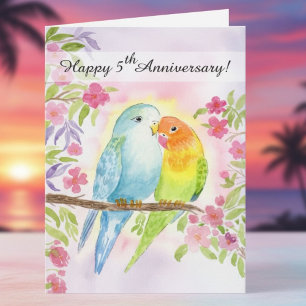 Verliebte Vögel zum 5. Hochzeitstag  Karte
