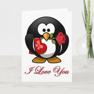 Verliebter Pinguin mit Valentinsgeschenken Feiertagskarte