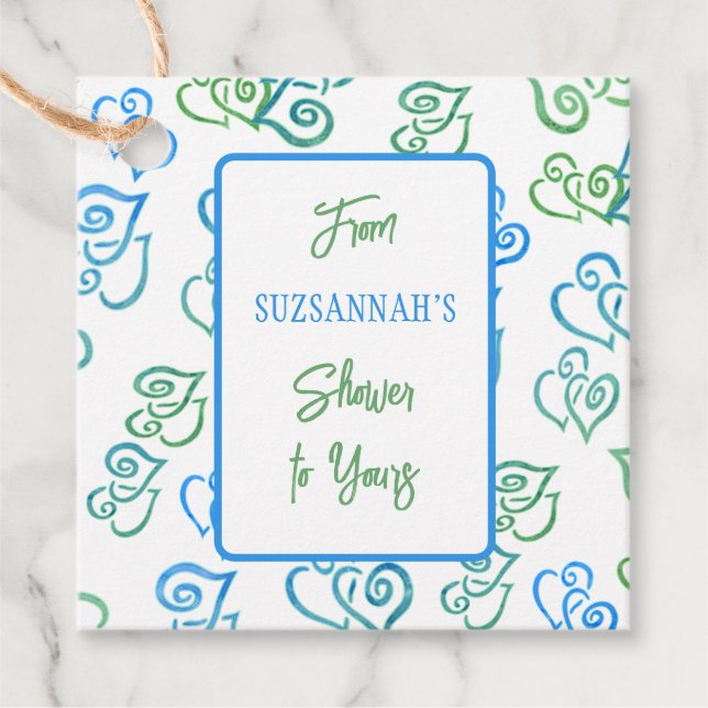 Verlinktes blaues Herzmuster über weißes Party Geschenkanhänger (Vorderseite)