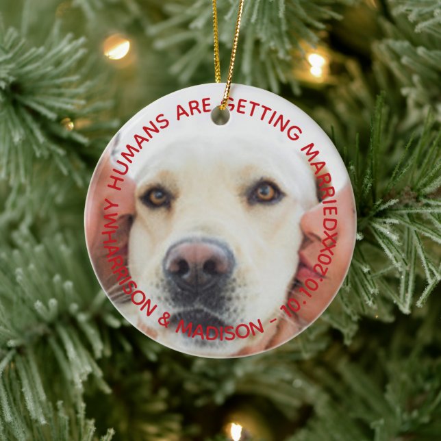 Verlobung Ankündigung Custom Foto Hund Weihnachten Keramik Ornament (Baum)