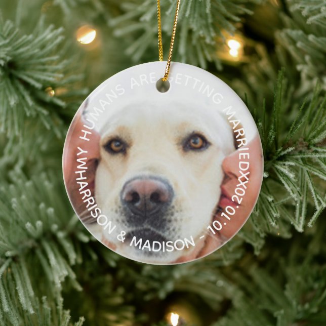 Verlobung Ankündigung Custom Foto Hund Weihnachten Keramik Ornament (Baum)