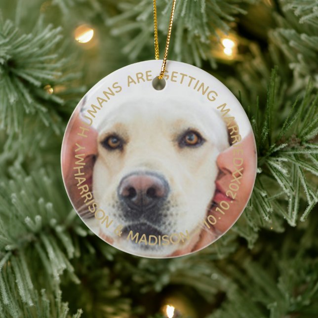 Verlobung Ankündigung Custom Foto Hund Weihnachten Keramik Ornament (Baum)