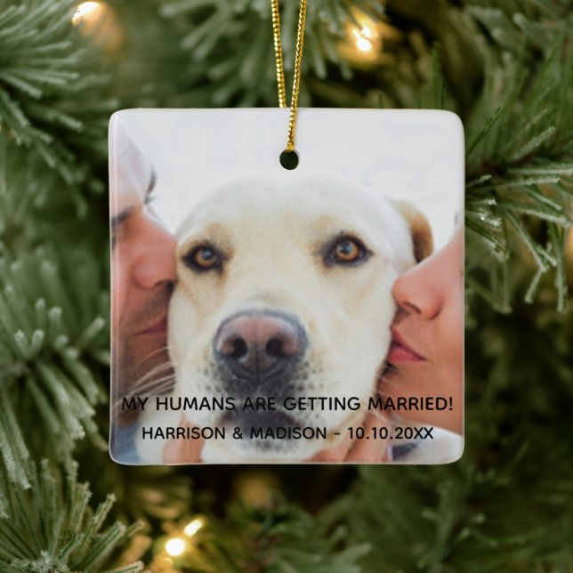 Verlobung Ankündigung Custom Foto Hund Weihnachten Keramikornament (Baum)