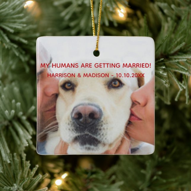 Verlobung Ankündigung Custom Foto Hund Weihnachten Keramikornament (Baum)