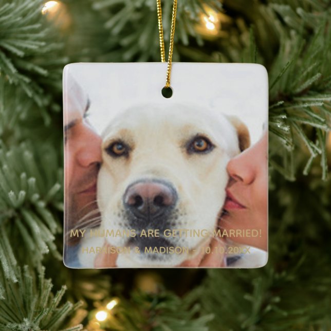 Verlobung Ankündigung Custom Foto Hund Weihnachten Keramikornament (Baum)