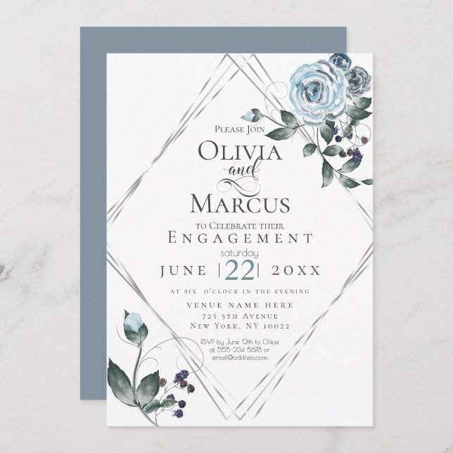 VERLOBUNG | Aquarellfarbenes blaues Blumensilber Einladung (Vorne/Hinten)