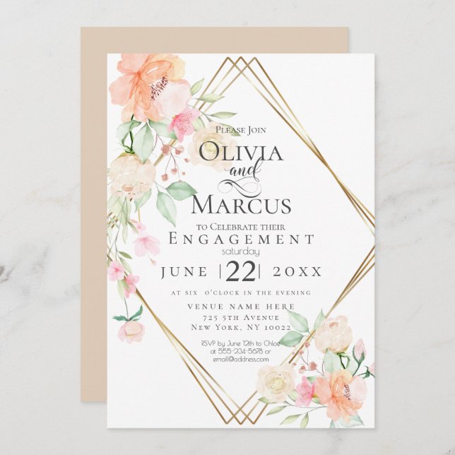 Verlobung Blush Cream Corner Spring Blumenstrauß Einladung (Vorne/Hinten)