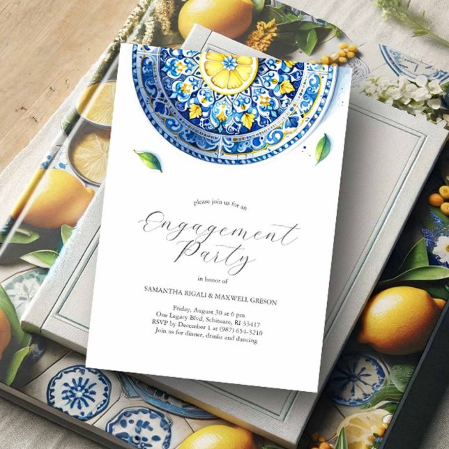Verlobung Einladungen Elegantes Alfresco Themenwel (Engagement party invitations yellow and blue lemon Italian theme by Victoria Grigaliunas)